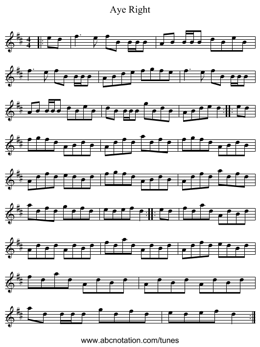 Aye Right - staff notation