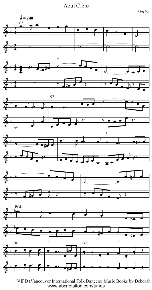 Azul Cielo - staff notation