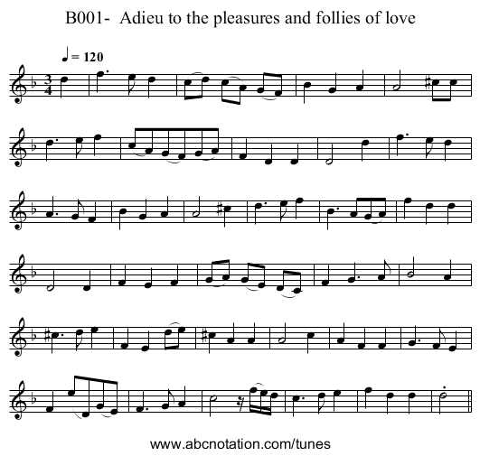 B001-  Adieu to the pleasures and follies of love - staff notation
