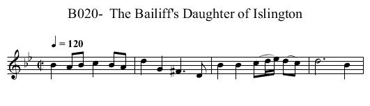 B020-  The Bailiff's Daughter of Islington - staff notation
