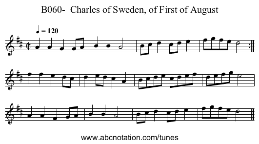B060- Charles of Sweden, of First of August - staff notation