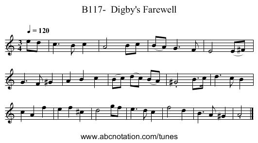 B117-  Digby's Farewell - staff notation