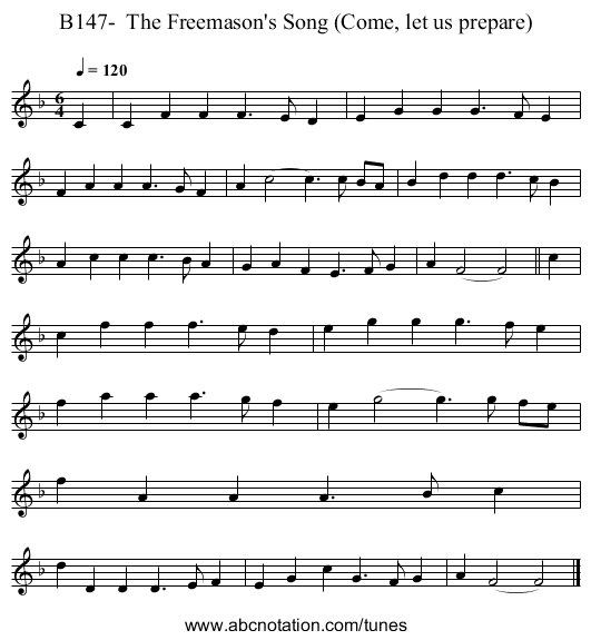 B147-  The Freemason's Song (Come, let us prepare) - staff notation