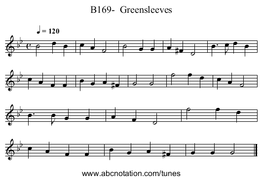 B169- Greensleeves - staff notation