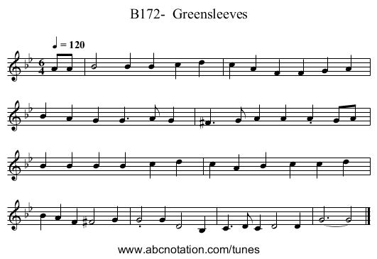 B172-  Greensleeves - staff notation