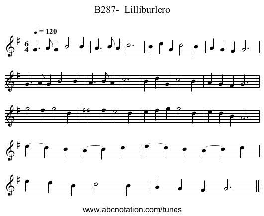 B287-  Lilliburlero - staff notation