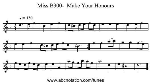 B300-  Make Your Honours, Miss - staff notation