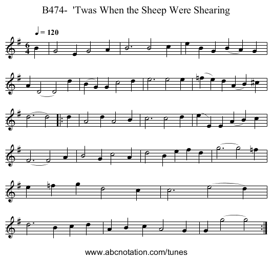 B474-  'Twas When the Sheep Were Shearing - staff notation