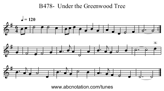 B478-  Under the Greenwood Tree - staff notation