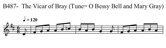 B487-  The Vicar of Bray (Tune= O Bessy Bell and Mary Gray) - staff notation