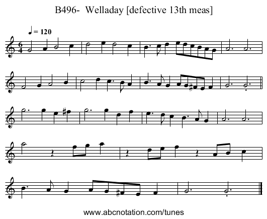 B496-  Welladay [defective 13th meas] - staff notation