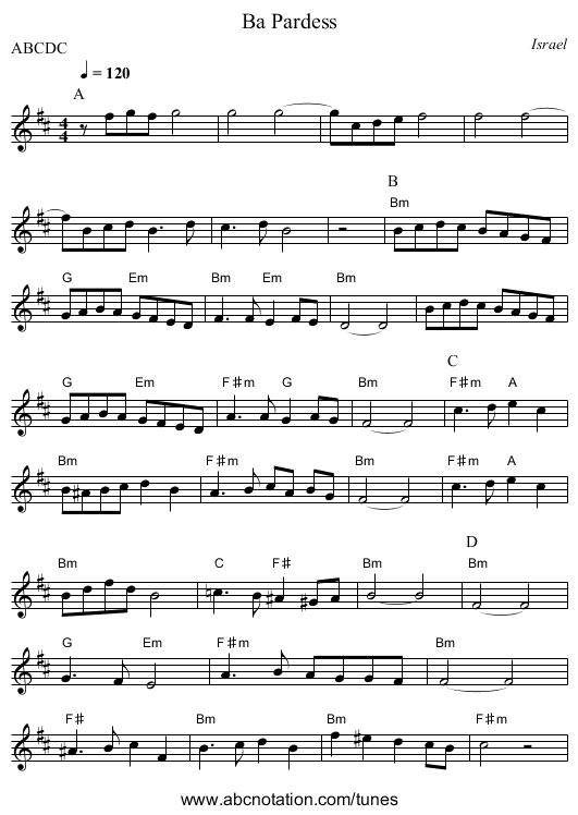 Ba Pardess - staff notation