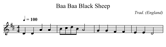 Baa Baa Black Sheep - staff notation