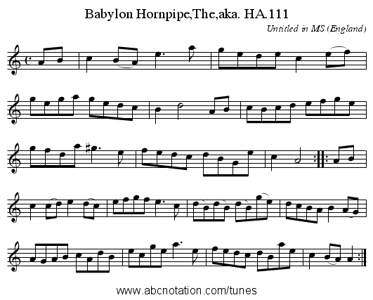Babylon Hornpipe,The,aka. HA.111 - staff notation