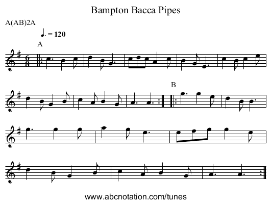 Bacca Pipes, Bampton - staff notation