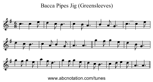 Bacca Pipes Jig (Greensleeves) - staff notation
