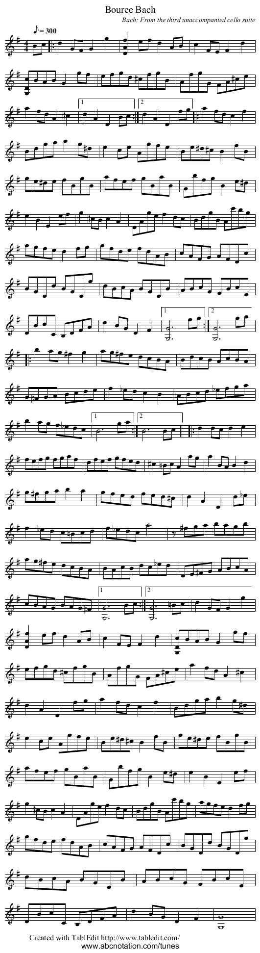 Bach, Bouree - staff notation