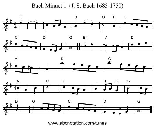 Bach Minuet 1 (J. S. Bach 1685-1750) - staff notation