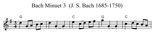Bach Minuet 3  (J. S. Bach 1685-1750) - staff notation