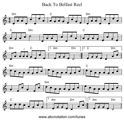 Back To Belfast Reel - staff notation