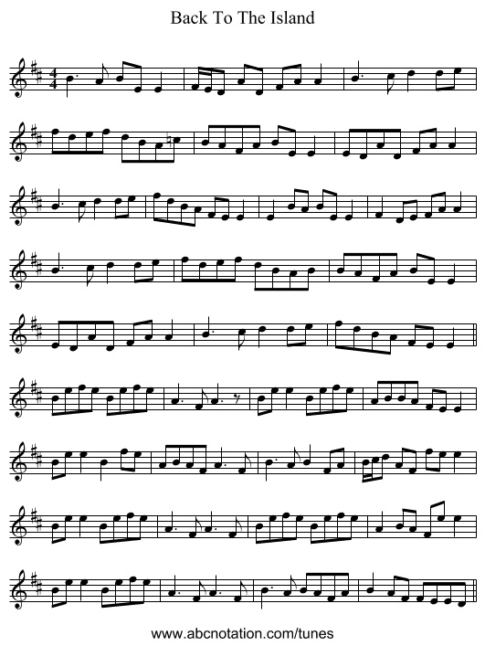 Back To The Island - staff notation