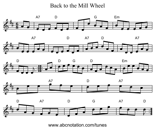 Back to the Mill Wheel - staff notation
