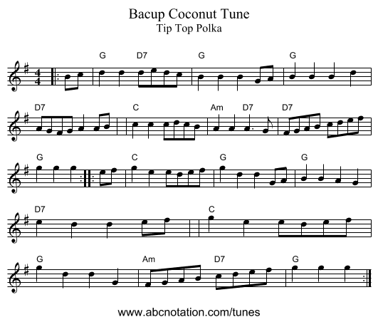 Bacup Coconut Tune - staff notation
