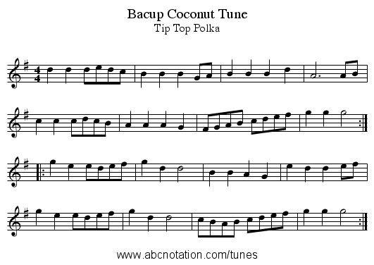 Bacup Coconut Tune - staff notation