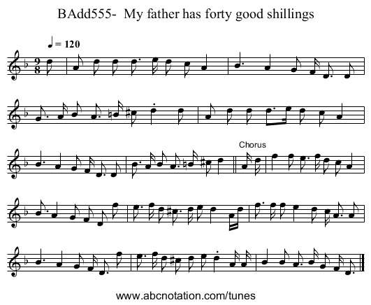 BAdd555-  My father has forty good shillings - staff notation