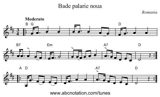 Bade palarie noua - staff notation