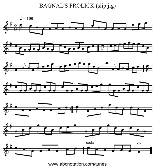 BAGNAL'S FROLICK (slip jig) - staff notation