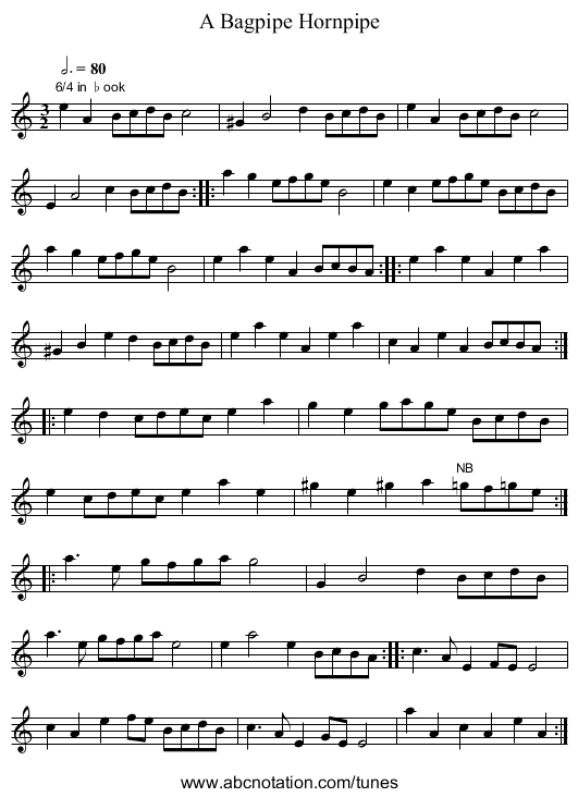 Bagpipe Hornpipe, A - staff notation