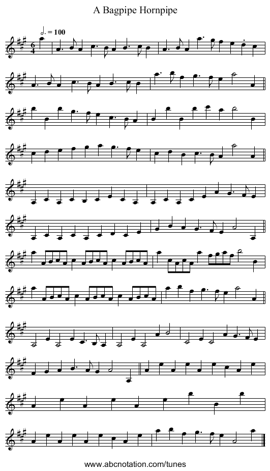 Bagpipe Hornpipe, A - staff notation