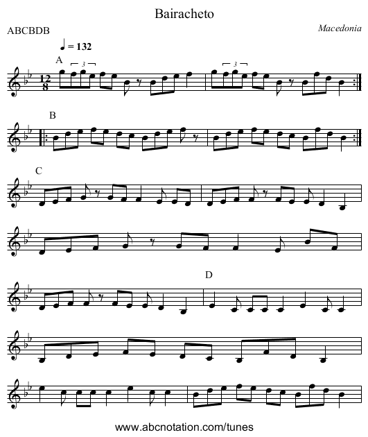 Bairacheto - staff notation