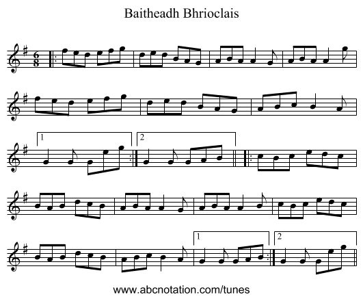 Baitheadh Bhrioclais - staff notation
