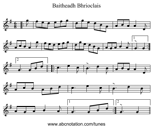 Baitheadh Bhrioclais - staff notation