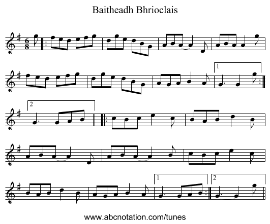 Baitheadh Bhrioclais - staff notation