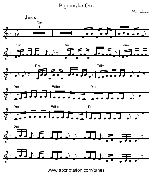 Bajramsko Oro - staff notation