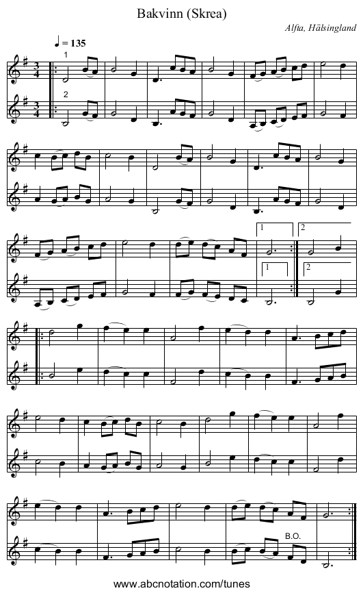 Bakvinn (Skrea) - staff notation