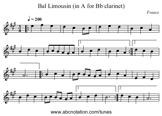 Bal Limousin (in A for Bb clarinet) - staff notation