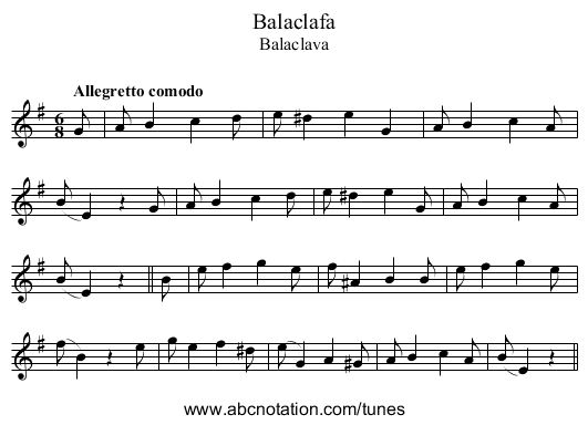 Balaclafa - staff notation