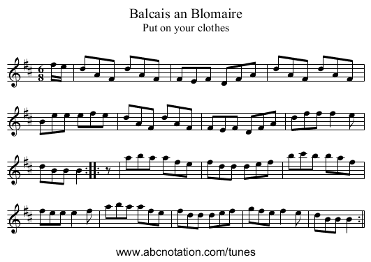 Balcais an Blomaire - staff notation