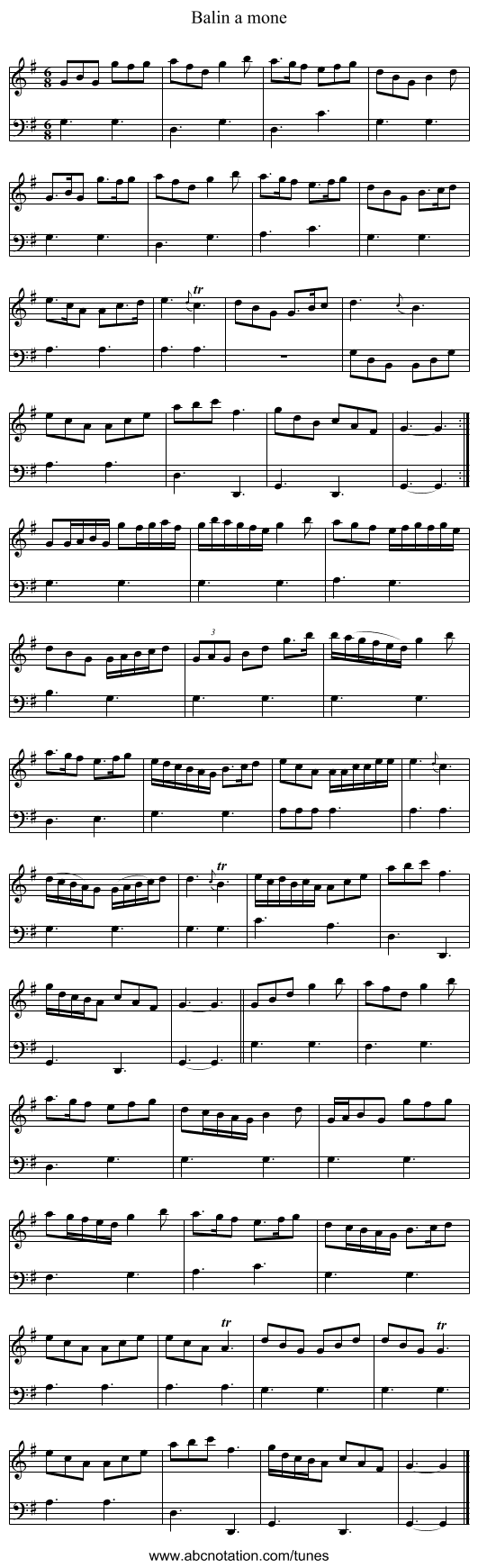Balin a mone - staff notation