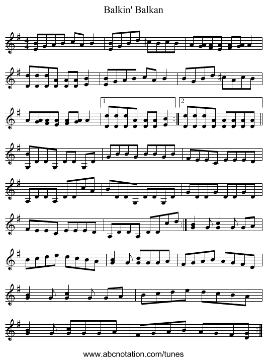 Balkin' Balkan - staff notation