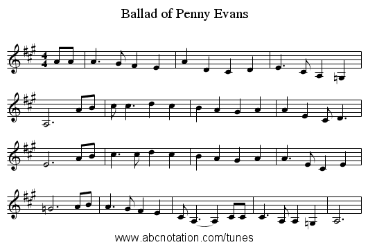 Ballad of Penny Evans - staff notation