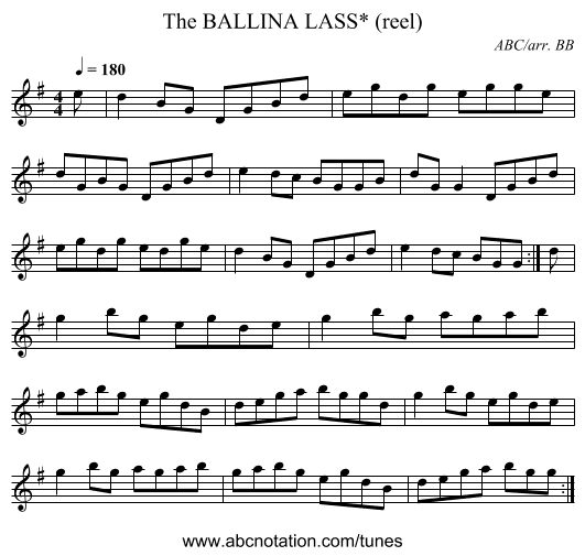 BALLINA LASS* (reel), The - staff notation