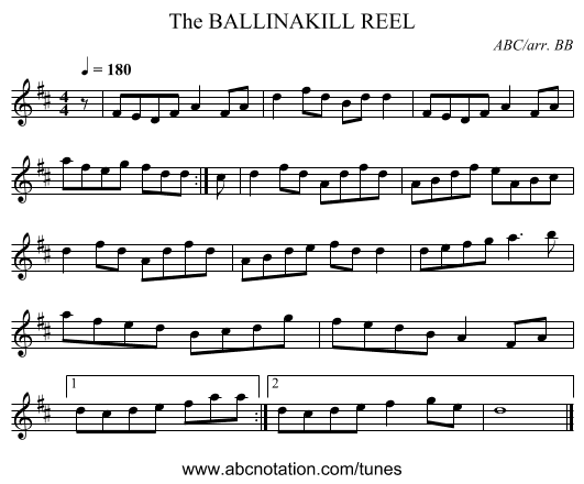 BALLINAKILL REEL, The - staff notation