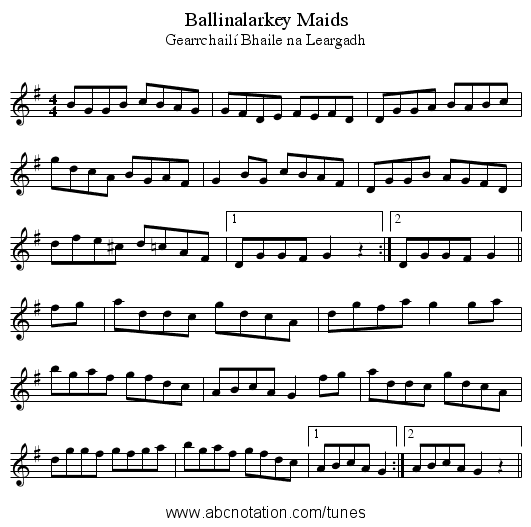 Ballinalarkey Maids - staff notation