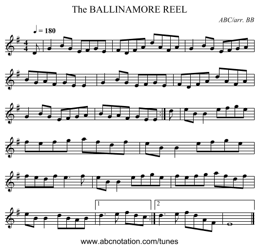 BALLINAMORE REEL, The - staff notation