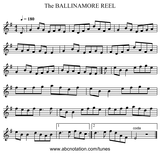 BALLINAMORE REEL, The - staff notation